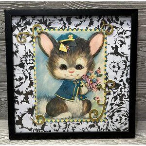 Framed Vintage Bunny Rabbit Mail Carrier Wall Decor Retro Cute Kitschy Art